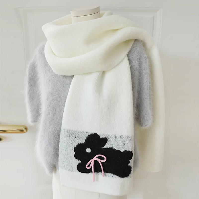 Women Winter Sweet Knitted Scarf Headscarf Ladies Casual Preppy Rabbit Print Warm Scarve Mujer Foulard Wrap Shawl Fashion New