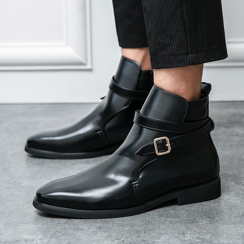 English Chelsea Boots Autumn Winter Martin Short Boots Hairstylist Pointed Boots High Top Leather Shoes