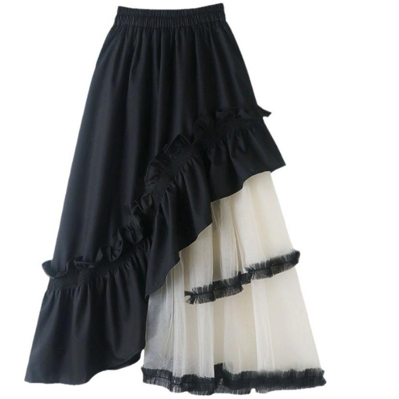 Modieuze rok voor dames met hoge taille, A-lijn, Koreaanse rok, Saia De Moda, patchwork, gaas, onregelmatige ruches, schattige rokken