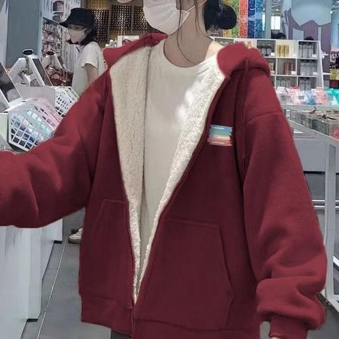 Women's Lambswool Hooded Sweatshirt - Winter 2025 Style, Plus Velvet, Thickened, Loose Cardigan, Trendy and Warm Outerwear for Students.