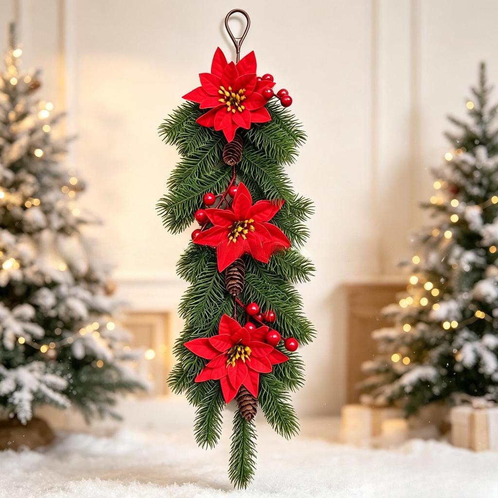 Christmas Decorative Garlands Selected Artificial Poinsettias, Red Berries, and Pine/Cypress Branches Feature Rich Colors and Natural Shapes