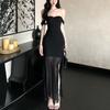 One-word Shoulder Black Sleeveless Tube Top Dress Women's Summer Mesh Stitching Fishtail Skirt Slim Skirt Hip-wrapped Long Dress