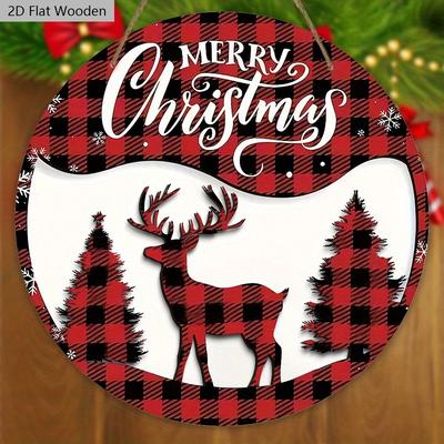 Vánoční dřevěná cedule s klasickým vzorem sobů - Kulatá cedule Navidad na vchodové dveře, závěsná dekorace na zeď - Ideální vánoční ozdoba