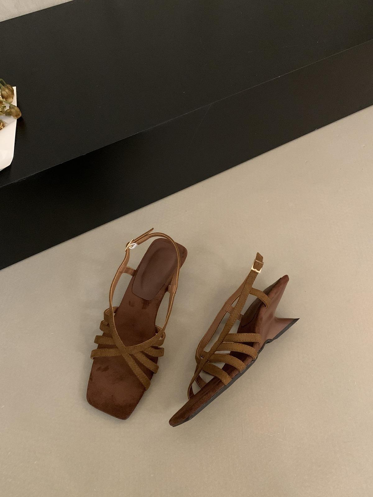 

French square head woven word with wedge heel Roman sandals women s 2025 new versatile open-toe with skirt high heels 39