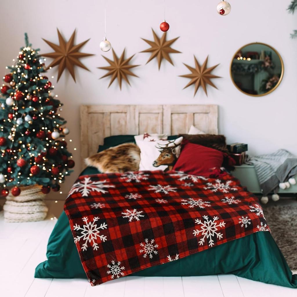 1PC Throw Christmas Red Plaid Flannel Blanket Snowflakes Xmas Holiday Throw Soft Lightweight Decorative Blankets Throws Gifts