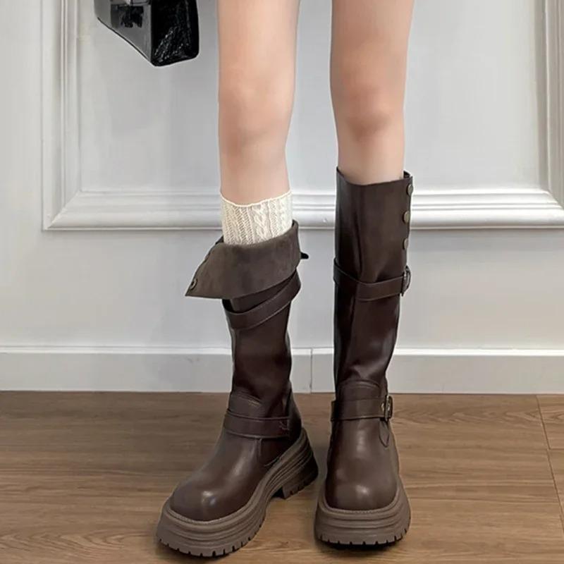 Winter Platform Women Thigh High Boots Fashion Belt Buckle Long Booties Vintage Square Low Heels Ladies Shoes