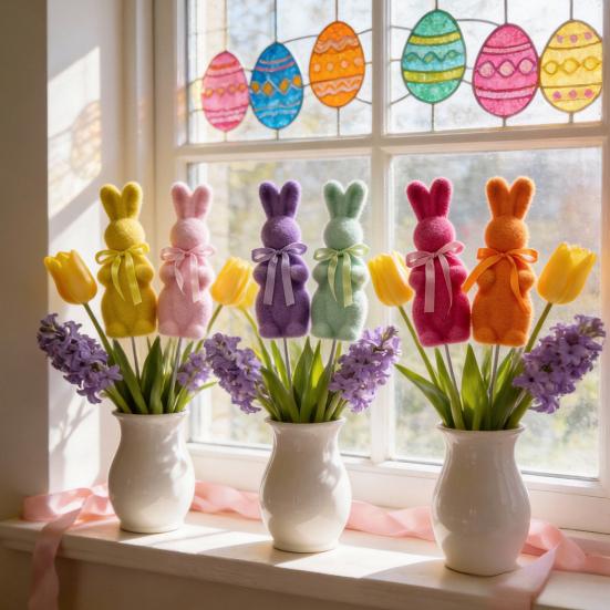 Easter Flocked Bunny Figurine Small Foam Rabbit with Bow Tie Spring Bunny Stake for Outdoor Indoor Yard Lawn Planter Pot Decor