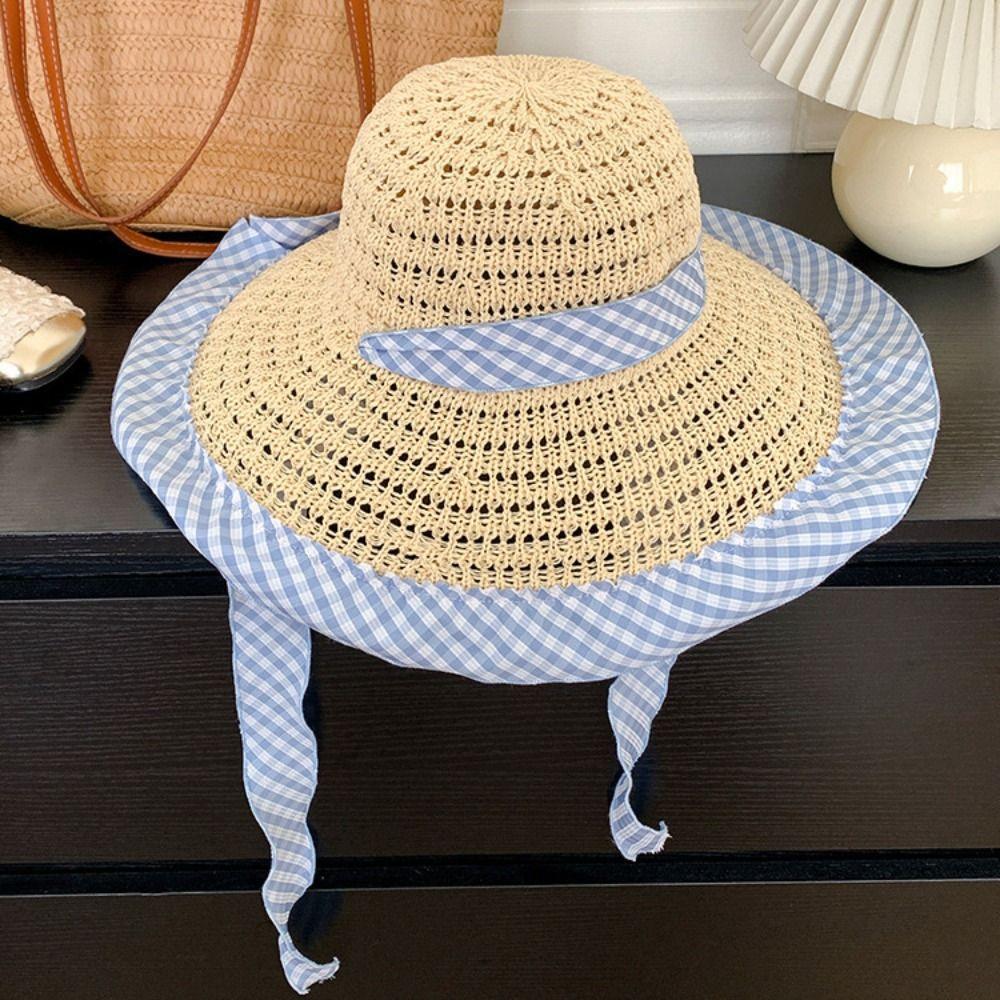 Blue Grid Woven Hat Wide Brim Fisherman Hat Fashion Sun Cap Summer