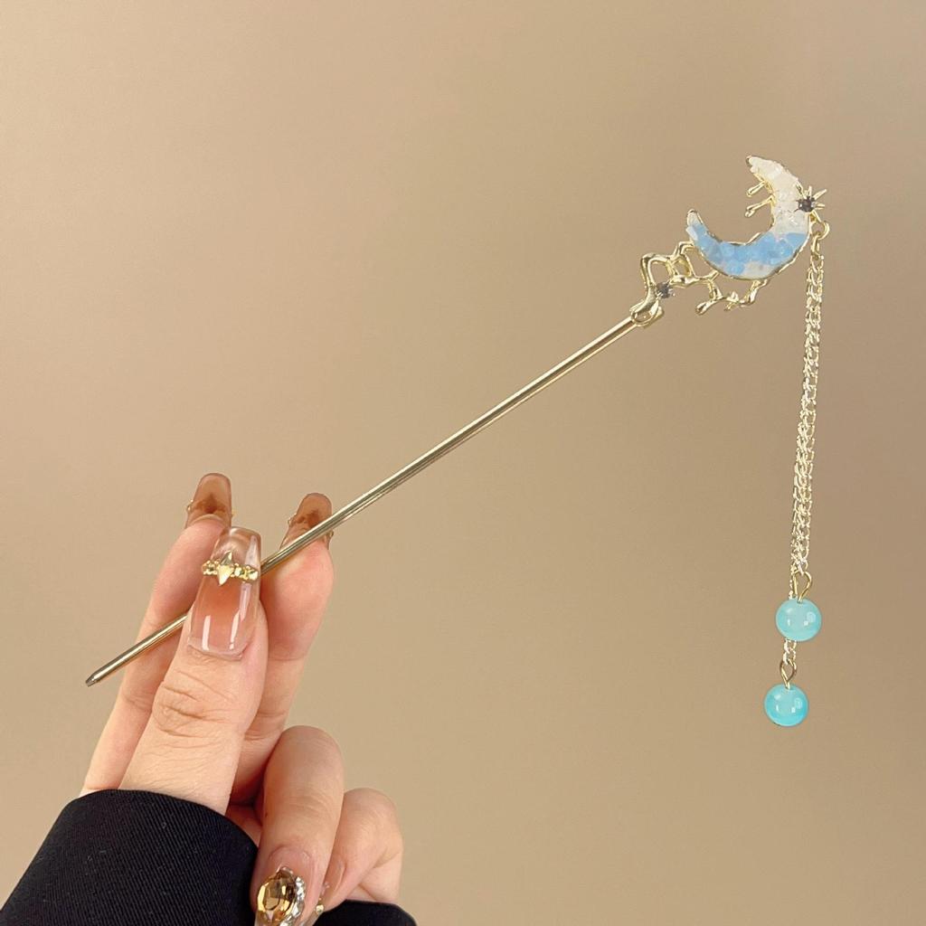 A Niche High-end Blue Shattered Crystal Women's Alloy Hairpin with Antique Style Tassels And Fresh Ocean Style Hair Accessories