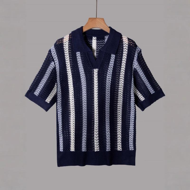 Europese Amerikaanse Mannen Zomer T-shirt met Korte Mouwen Eenvoudig Ontwerper Geometrisch Kleurblok Gestreept Ronde Hals Gebreide Top