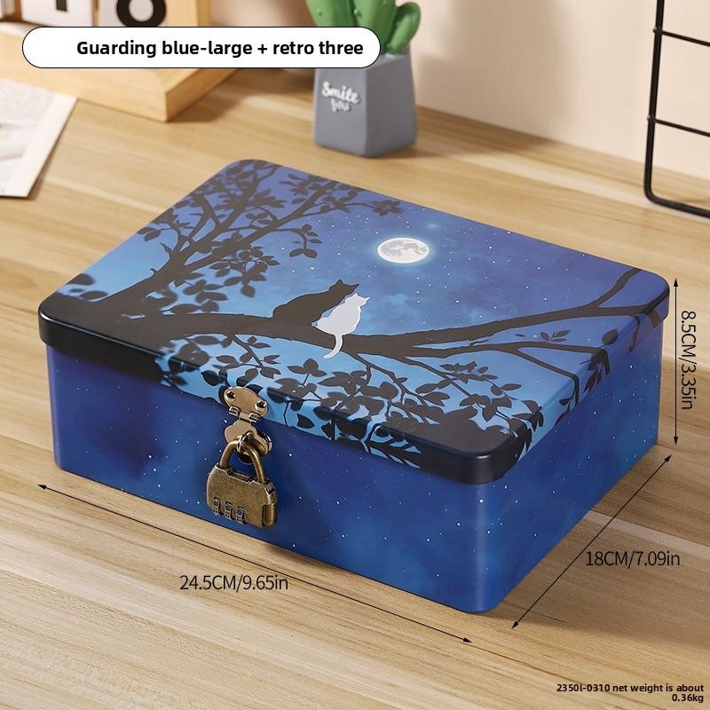 Retro Tinplate Box with Lock Key, Desktop Storage Box, Cosmetics, ID Storage, Household Jewelry Empty Box.