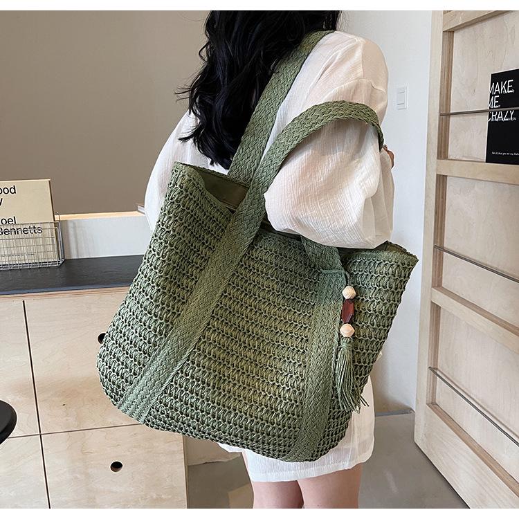 Versatile Solid Color Straw Beach Bag – Large Capacity Vacation Handbag