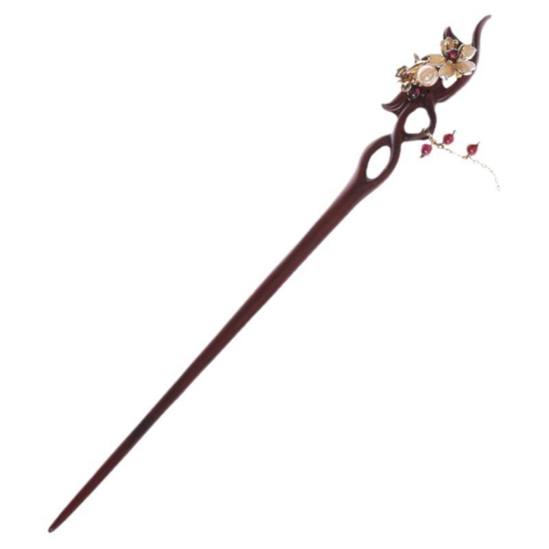 GEMCHIC Women's Vintage Chinese Style Red Sandalwood Hairpin with Cloisonné Flower and Tassel, Elegant Hanfu & Cheongsam Bun Accessory