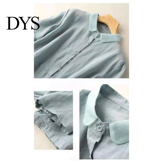 Women Shirt Casual Doll Collar Buttons Half Placket Short Blouse Sleeve Single Breasted Solid Color Loose Fit