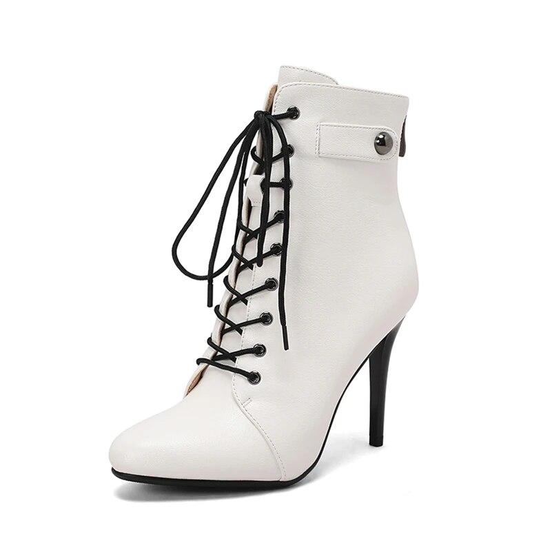 

ANNYMOLI Жіночі ботильйони Круглий носок Тонкі високі підбори Короткі чоботи зі шнурівкою на блискавці Лаконічні жіночі модні зимові туфлі Чорно-Білі 43 39 білий