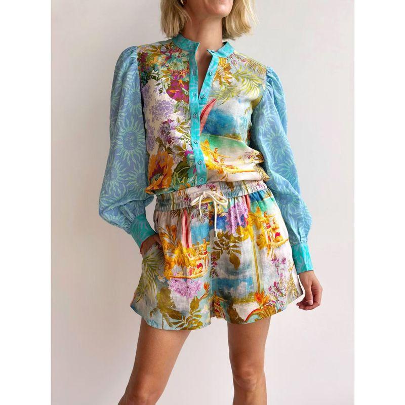 

Fashion New Temperament Casual Long Sleeve Shirt Shorts Suit Flower color S
