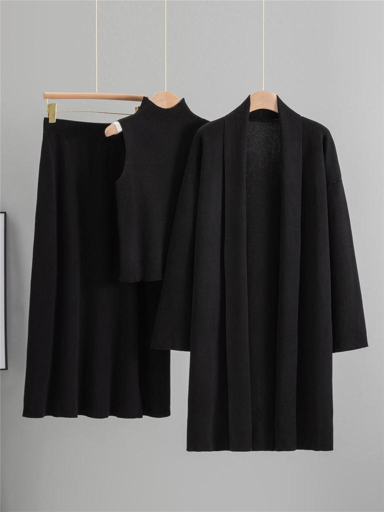Korean Casual High Neck Knit Cardigan & Wide-Leg Pants Three-Piece Set for Women - Autumn/Winter Style