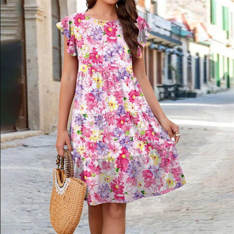 

Printed Cake Fly Sleep Casual Dress Print Cake Flounced Sleeve Casual Dress ysx-9308 Pink S