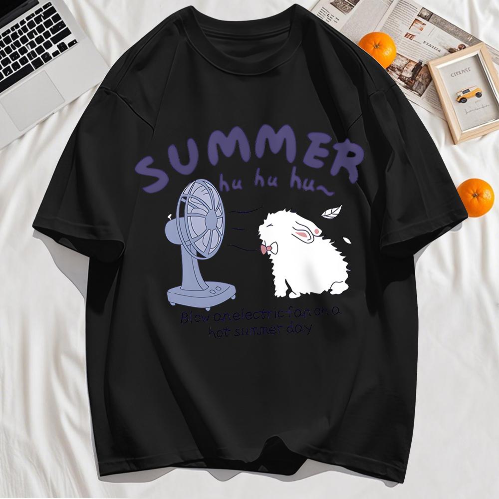Little Rabbit Blowing Electric Fan Print T-Shirt Mens Hip Hop Summer Short Sleeve Clothing Casual Loose Tops