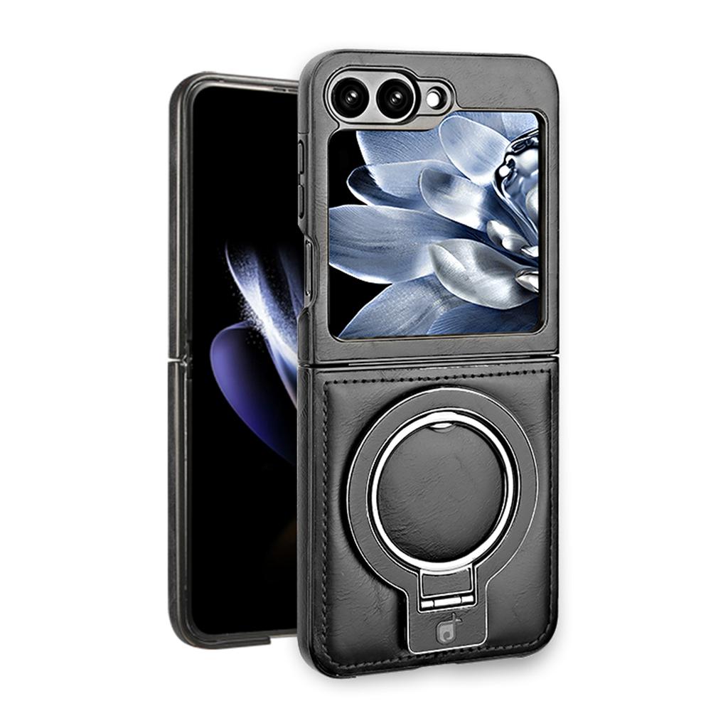 Luxury Leather Phone Case For Samsung Galaxy Z Flip 7 6 5 4 3 5G Magnetic Cover Ring Metal Bracket Shockproof Kickstand Cover