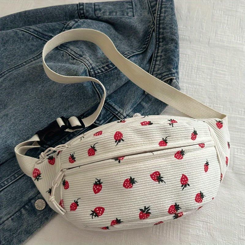 Strawberry Fanny Pack Adjustable Strawberry Corduroy Fanny Pack | Women's Multi-Season Casual Bag with Zipper Closure, Polyester Lining