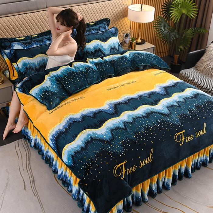 Thickened Milk Fleece Four-Piece Warm Double-Sided Coral Fleece Quilt Cover Flannel Sheet Bed Skirt Bedding