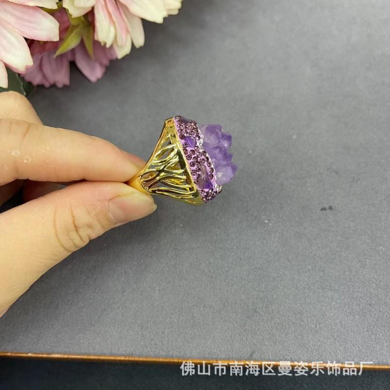 Adjustable Open Ring With Natural Brazilian Amethyst Geometric Stone Copper Base Gold Plated Women