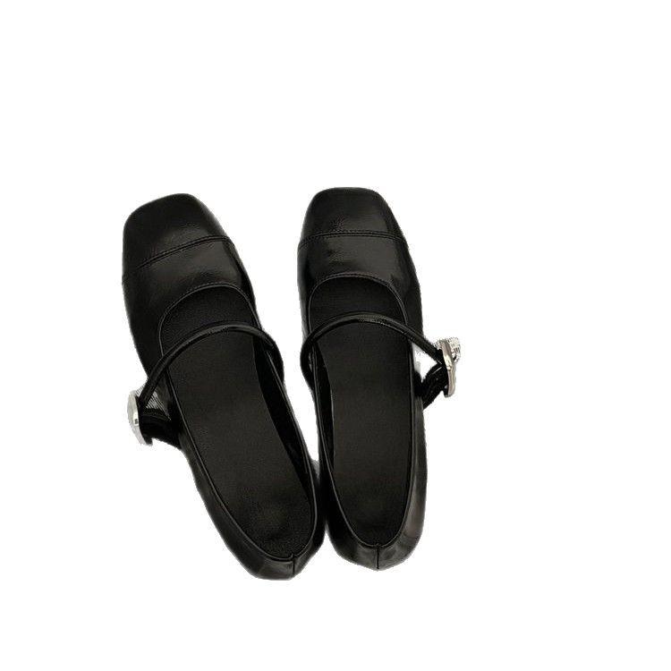 [Armano] Silberner französischer mittlerer Absatz mit leichtem Ausschnitt und Rock, sanfte Abendsingle-Schuhe mit dickem Absatz Ballett JK kleine Lederschuhe