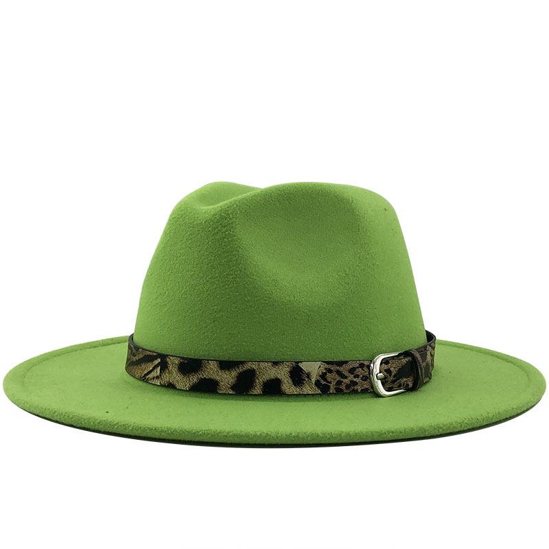 Fashion leopard print belt woolen top hat ladies jazz hat autumn and winter versatile felt hat flat edge top hat church hat