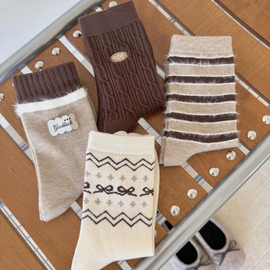 Early Autumn Coffee Striped Socks Children'S Medium Tube Socks Spring And Autumn Rabbit Velvet Maillard Thickened Thermal Stockings