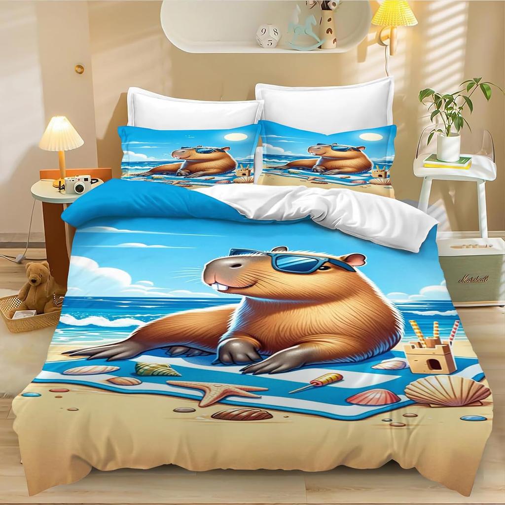 Cute Capybara Duvet Cover Single, Kawaii Animal Funny Wildlife Rodent Green Brown Bedroom Decor Quilt Cover Set for Children