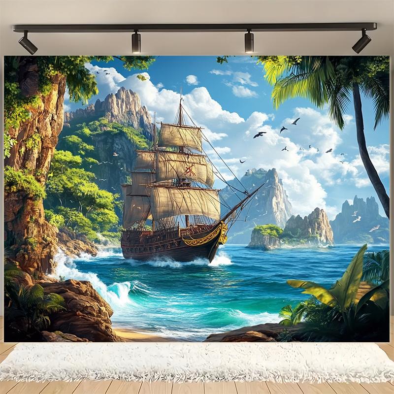 1 Piece of Polyester Pirate Ship Background Fabric, a Marine-themed Photography Backdrop, Indoor/outdoor Party Banner