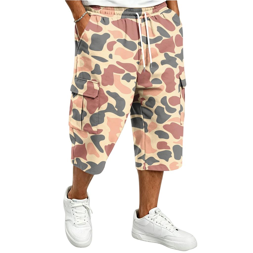 Men's Casual Drawstring Cargo Shorts with Camouflage Print Knee Length for Outdoor Everyday Wear