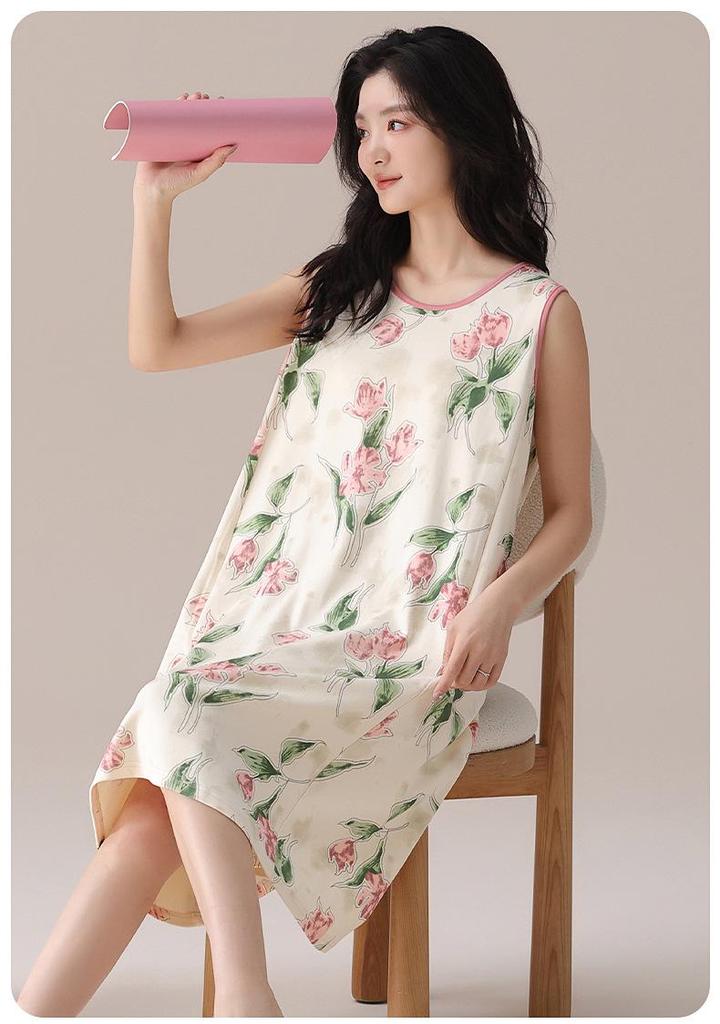 Cute Cartoon Summer Cotton Nightgown with Removable Pads for Women