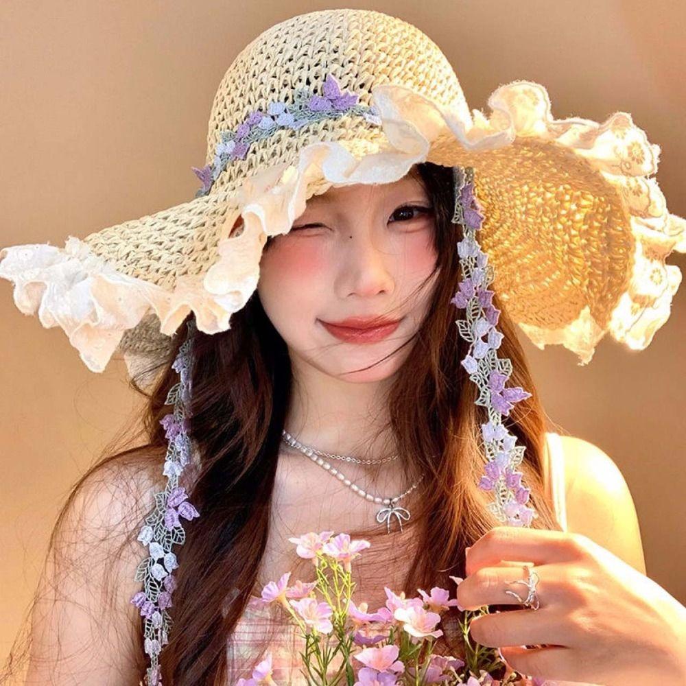 Breathable Big Brimmed Straw Hat Lightweight Woven Sun Cap Elegant Vacation Beach Cap  Carnival