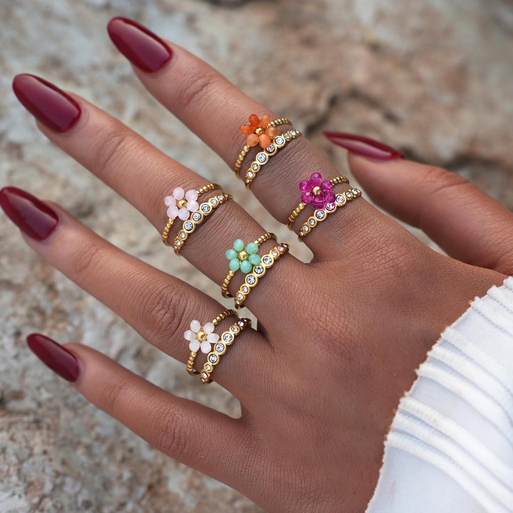 Exquisite Colorful Zircon Flower Design Stainless Steel Rings Gold Plated Waterproof Jewelry For Daily Wear Vacation Seaside