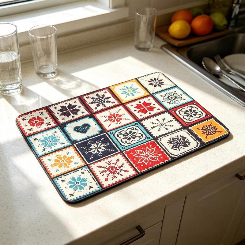 Bohemian Tile Pattern Non Slip Kitchen Drying Mat Water Resistant Countertop Dish Draining Pad for Small Cafe Use