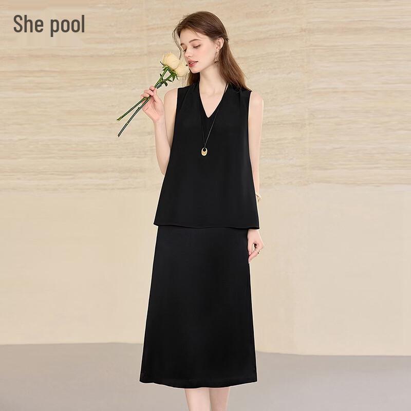 Elegant Faux Two-Piece V-Neck Little Black Dress L