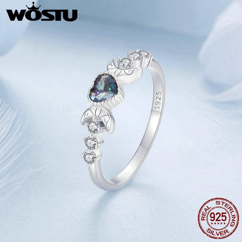 WOSTU 925 Silver Heart Mystic Topaz Promise Ring For Moon Style Shiny Zircon Band Rings Party Jewelry Gift for Family