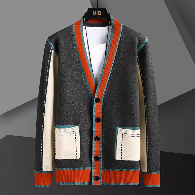 Men's Trendy Color Block V-neck Knit Cardigan - Korean Style Autumn/Winter Sweater Coat