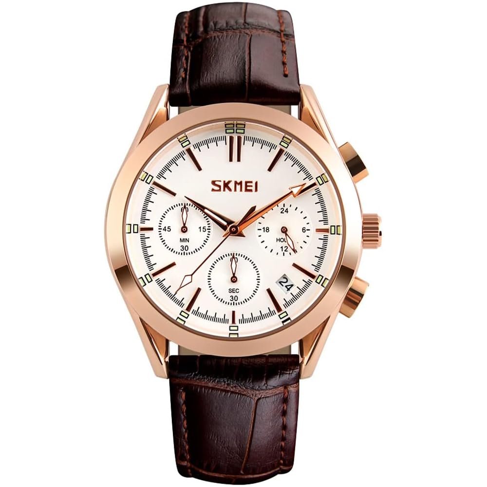 Men s Brown Leather Strap Chronograph Watch Waterproof Analog Business Casual Luminous