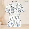 Women Plus Size White Floral Printed V Neck Short Sleeve Nurse Scrub Top With Front Pockets