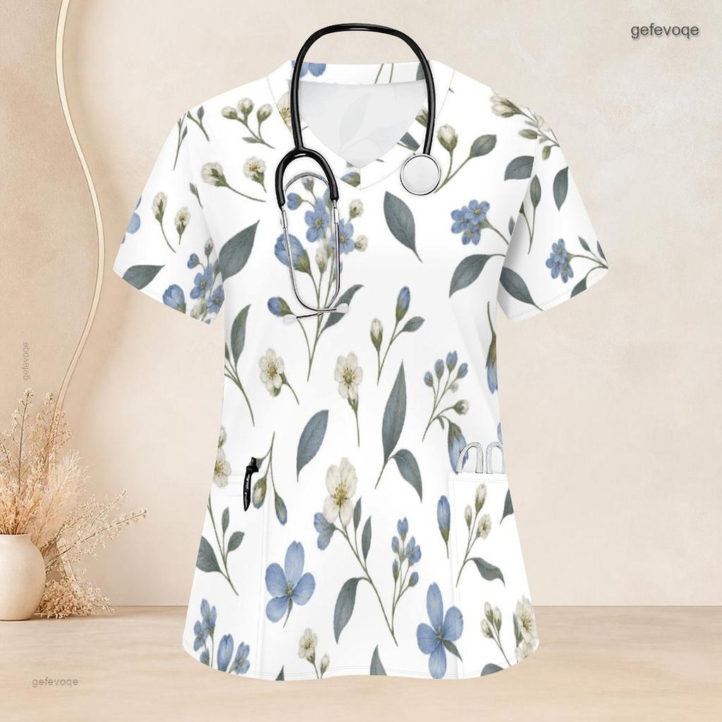 Women Plus Size White Floral Printed V Neck Short Sleeve Nurse Scrub Top With Front Pockets