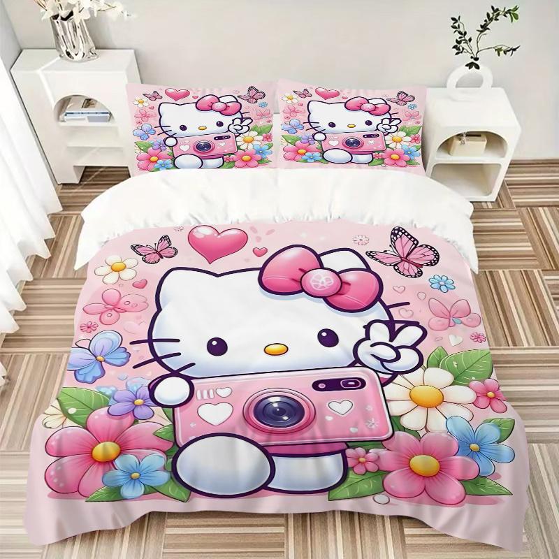 3pcs Butterflies & Hello Kitty Quilt Set Cartoon Themed Bed Quilt Set Lovely Character Bedroom Decor Bed Quilt Set Four Seasons (1 Cover + 2Pillo
