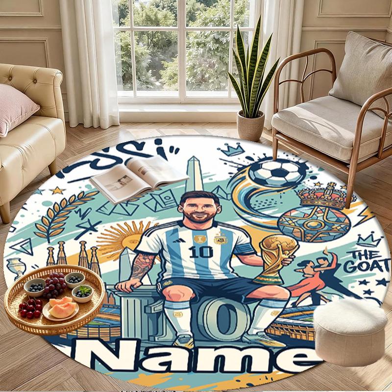 Custom Name Personalized Leo Messi Print Round Rug, Versatile Home Decor Carpet, for Playroom, Apartment, Balcony, Entryway, Hallway Gift