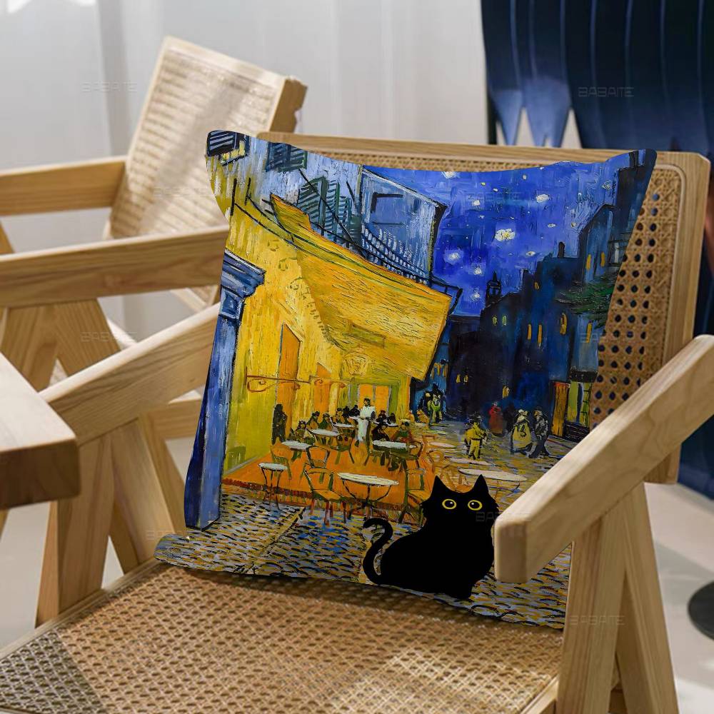 Svart Katt Van Gogh Kuddfodral Tecknad Gåva Kuddfodral Sovrum Hem Soffa Stol Säte Dekor Kuddfodral