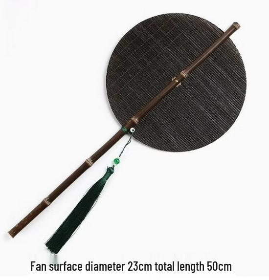 Ancient Purple Bamboo Lacquered Round Fan with Long Handle and Tassels - Portable Folding Hanfu Palace Fan
