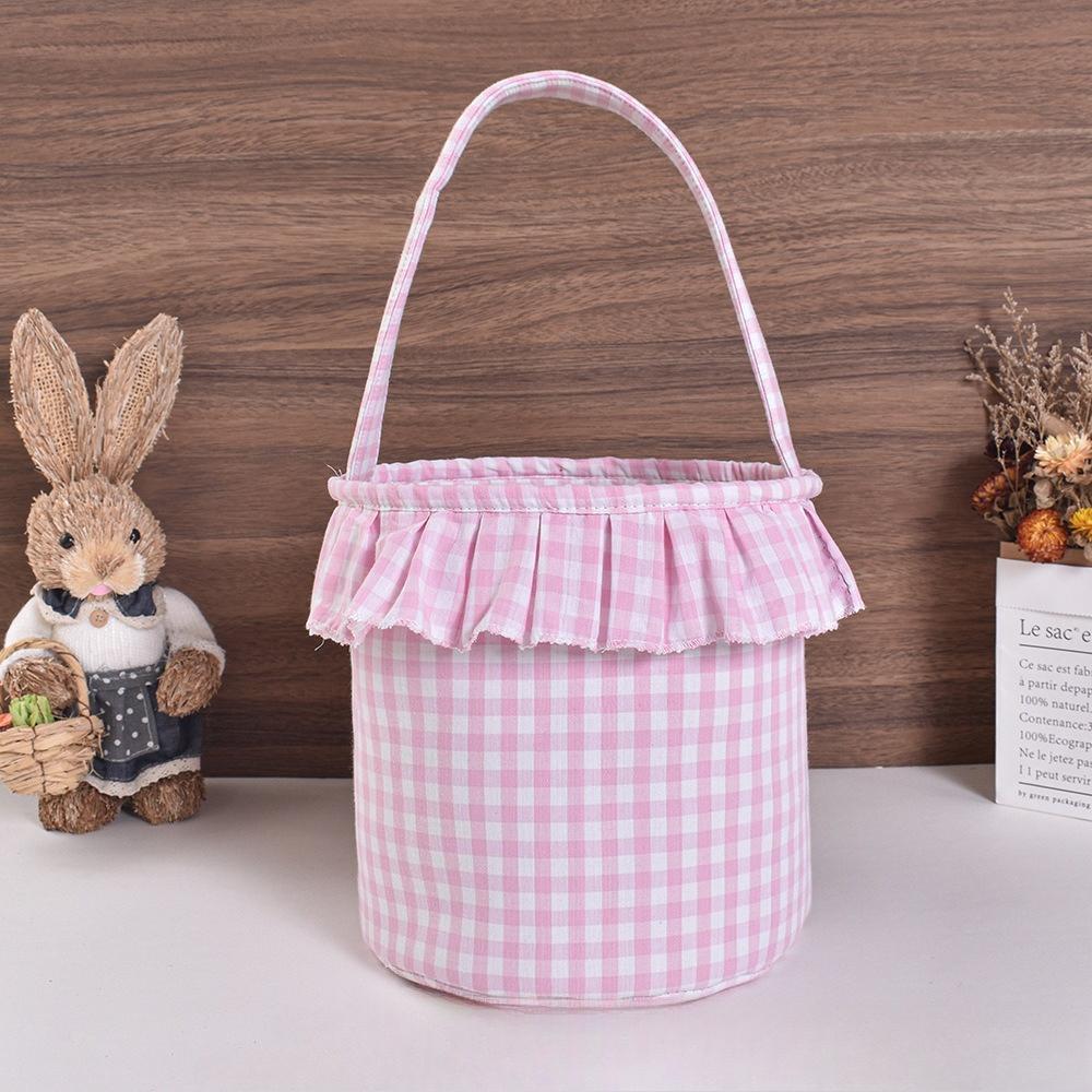 

1 шт. клетчатая пасхальная корзина для украшения вечеринки, хлопковый холст, подарочная сумка для хранения конфет с ручками, клетчатая ткань 25x22cm розовый