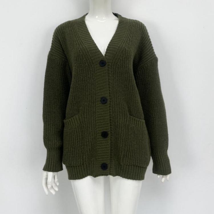 Women's V-neck Solid Color Knitted Cardigan Loose Single-breasted Sweater for Spring and Autumn