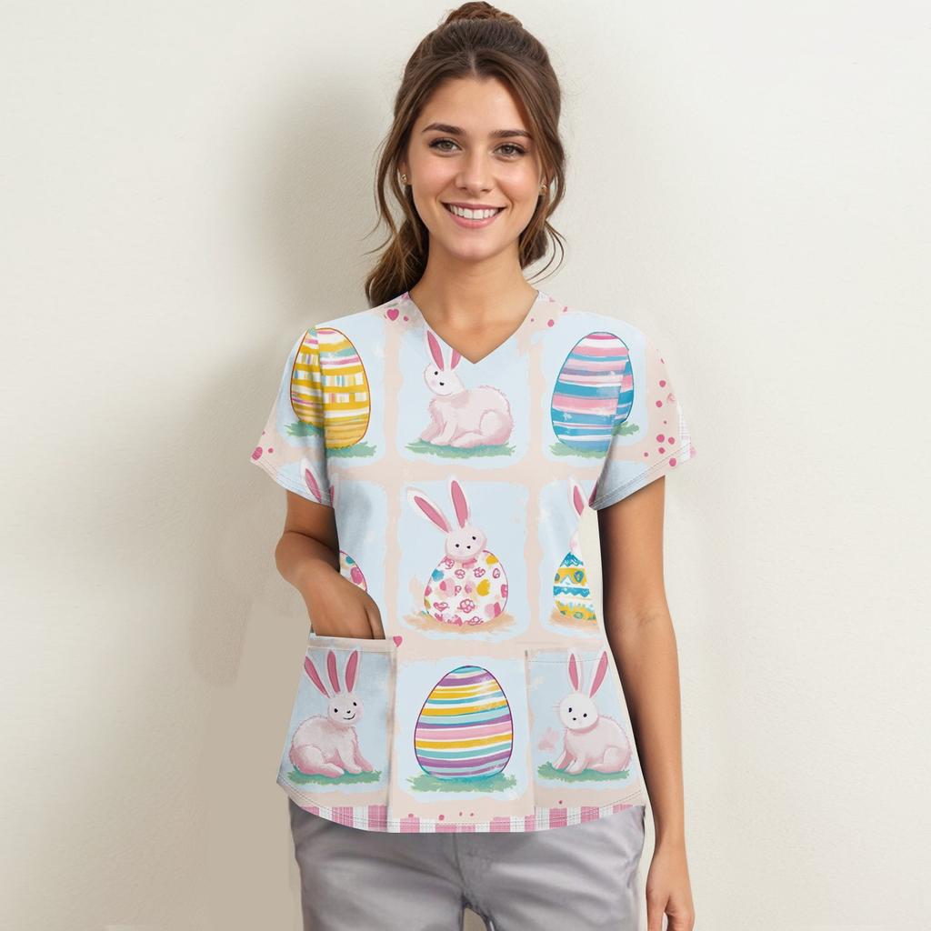 Women's Fashion V-neck Short Sleeve Workwear With Pockets Printed Tops